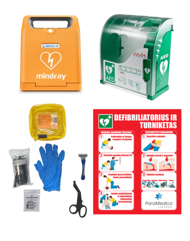 Komplektas AIVIA lauke: defibriliatorius + spintelė outdoor + turniketas + stendas