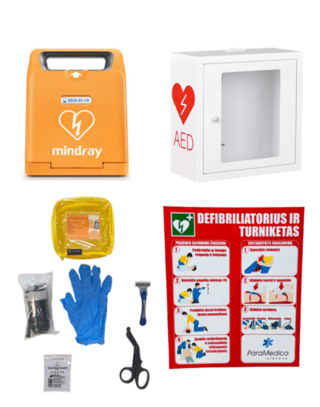 Komplektas: defibriliatorius + spintelė + turniketas + stendas