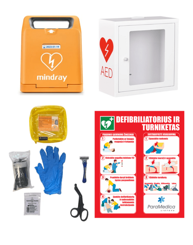 Komplektas: defibriliatorius + spintelė + turniketas + stendas