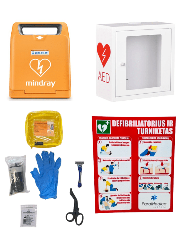 Komplektas: defibriliatorius + spintelė + turniketas + stendas